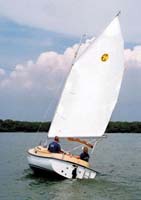 Windward quarter view of Horizon Cat in light wind